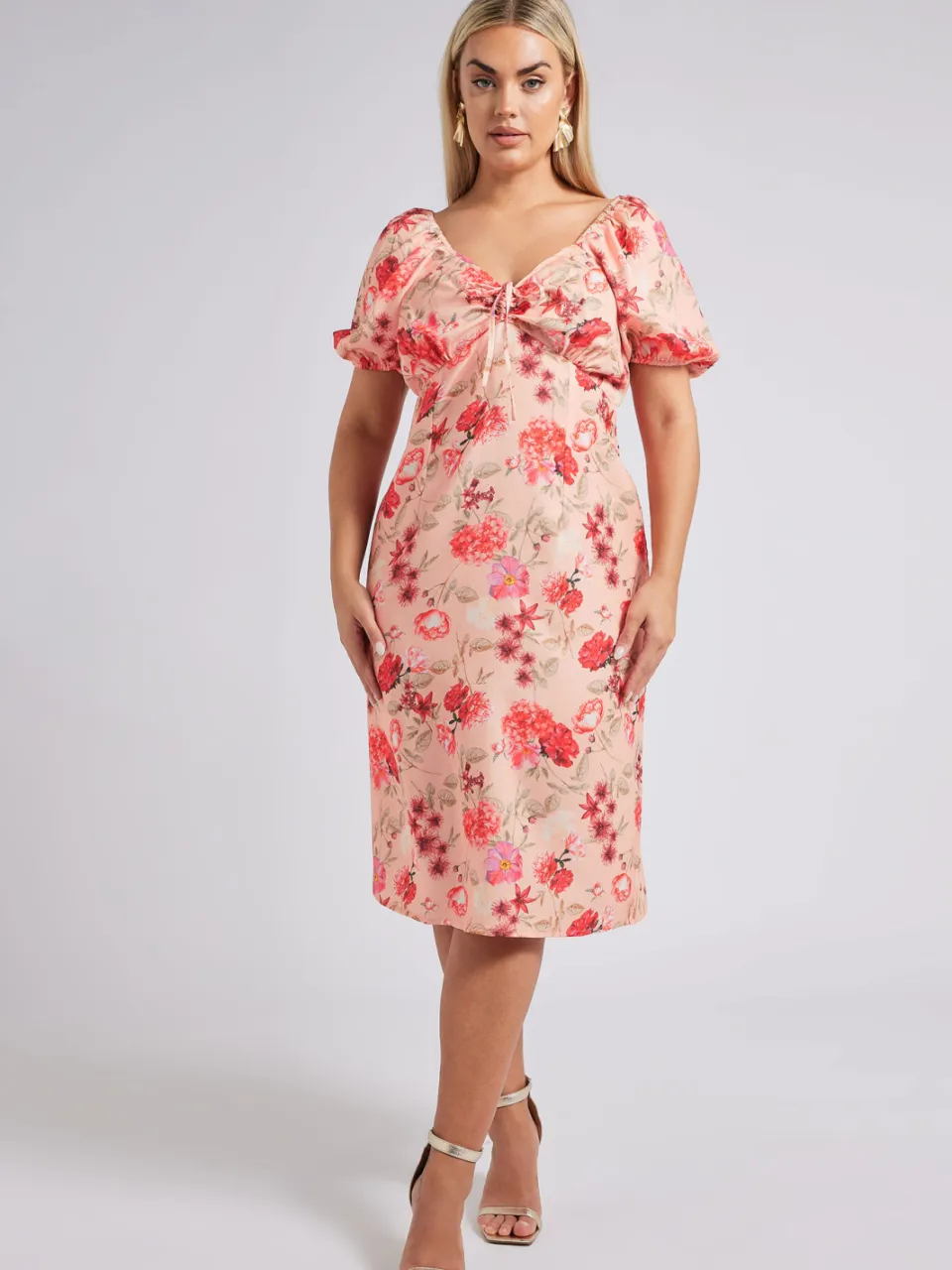 Yours London Midi Jurk Met Bloemenmotief En Korte Mouwen In Roze Pink
