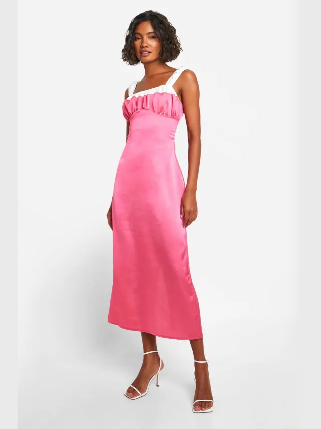 boohoo Dames Lange satijn contrastdetail midaxi jurk Roze