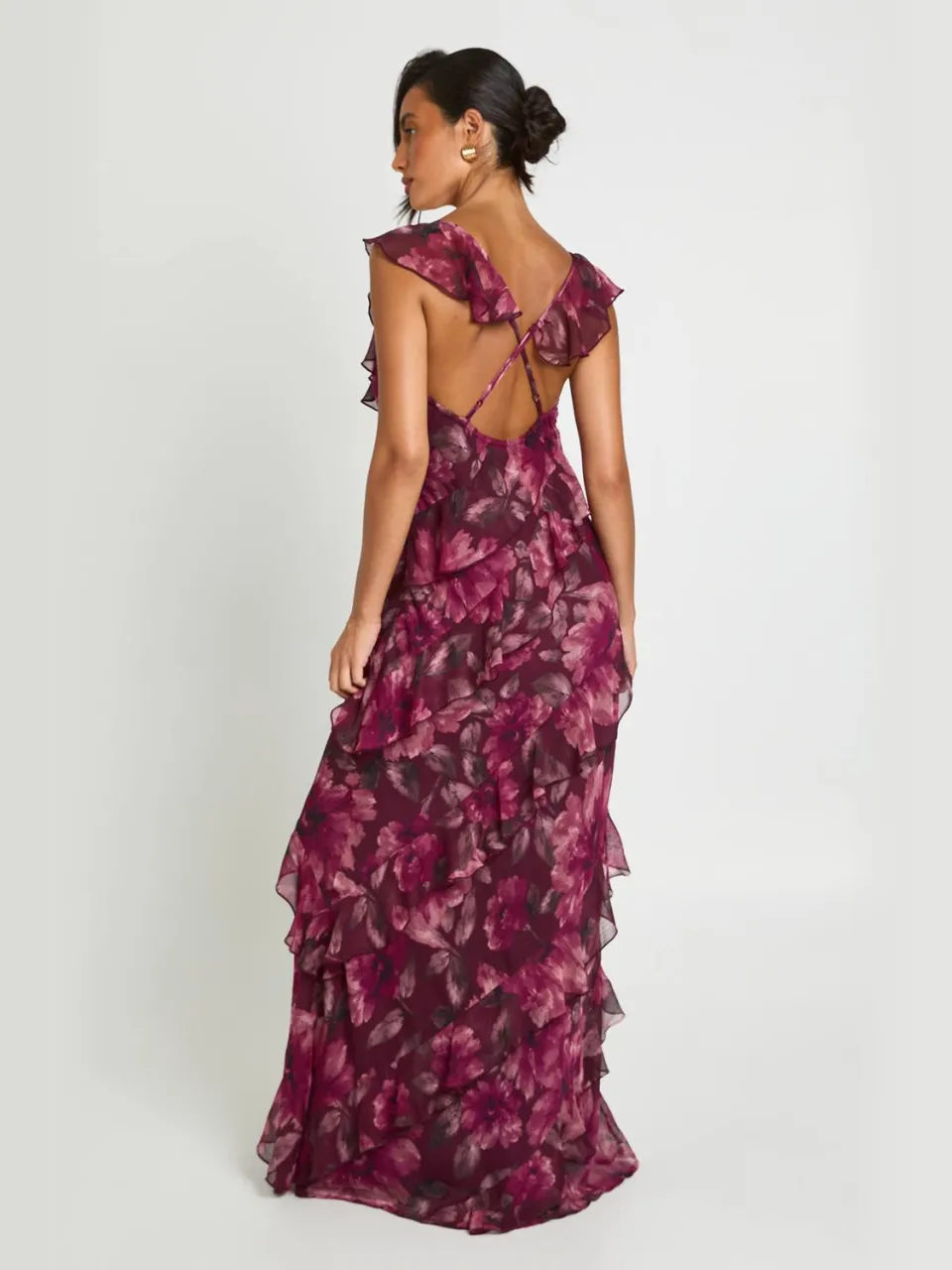 boohoo Dames Chiffon Maxi Jurk Met Ruchedetail En Tonaal Bloemendessin pruim, foto 3