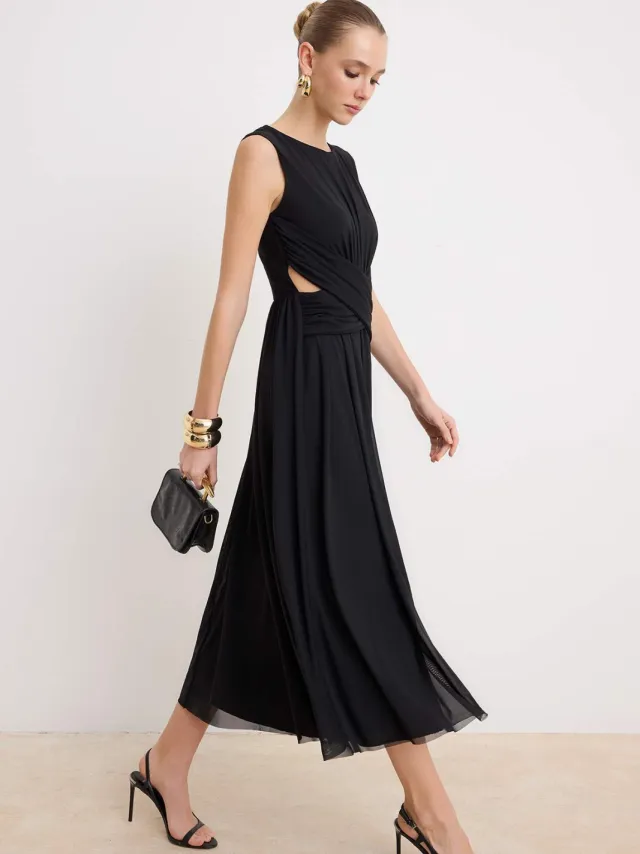 Trendyol TRENDYOLMİLLA Dames Zwart Bloemen Maxi Mouwloos Stijlvol/Avond Skater Jurken, foto 2