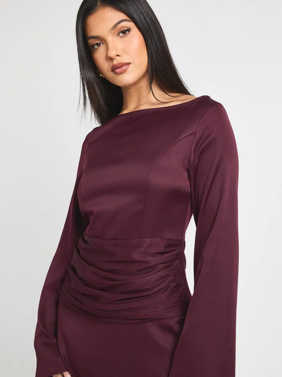 boohoo Dames Satijnen Wikkel Taille Lange Mouw Mini Jurk fig, foto 4