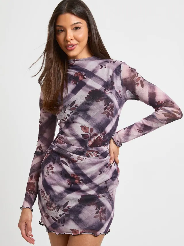 boohoo Dames Geruit Mesh Mini-jurkje Met Gerimpelde Taille violet, foto 3