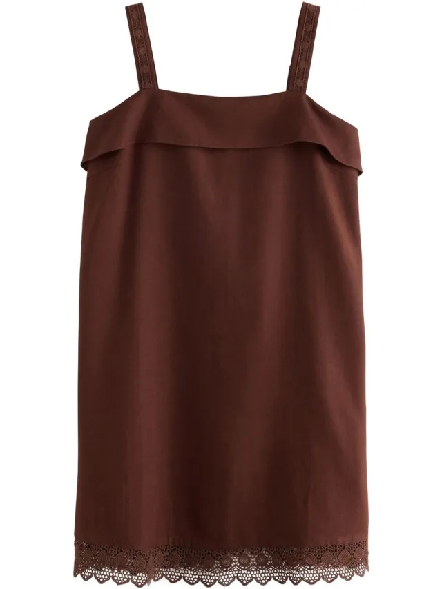 Next Dames - Petite minizomerjurk met omslagen en smalle bandjes - Petite - Bruin Chocolate Brown Lace Trim