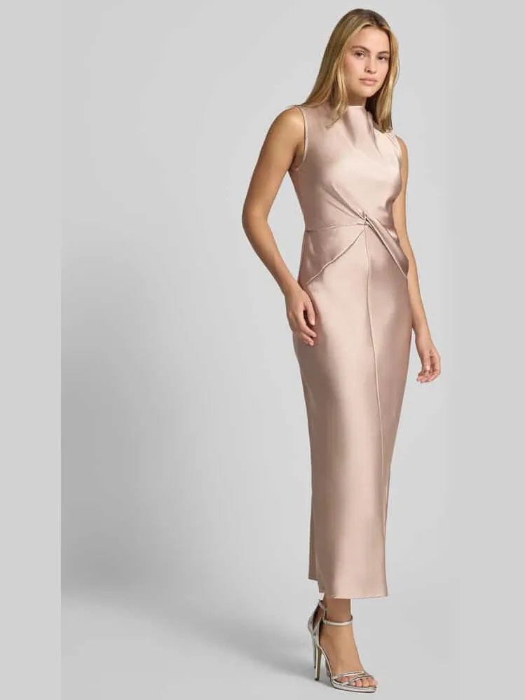 Rinascimento Cocktailjurk van satijn met plooien taupe, foto 4