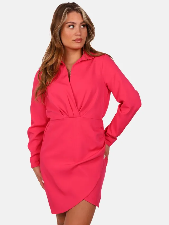 Getdrezzed Jurk met kraag en geplooide taille fuchsia