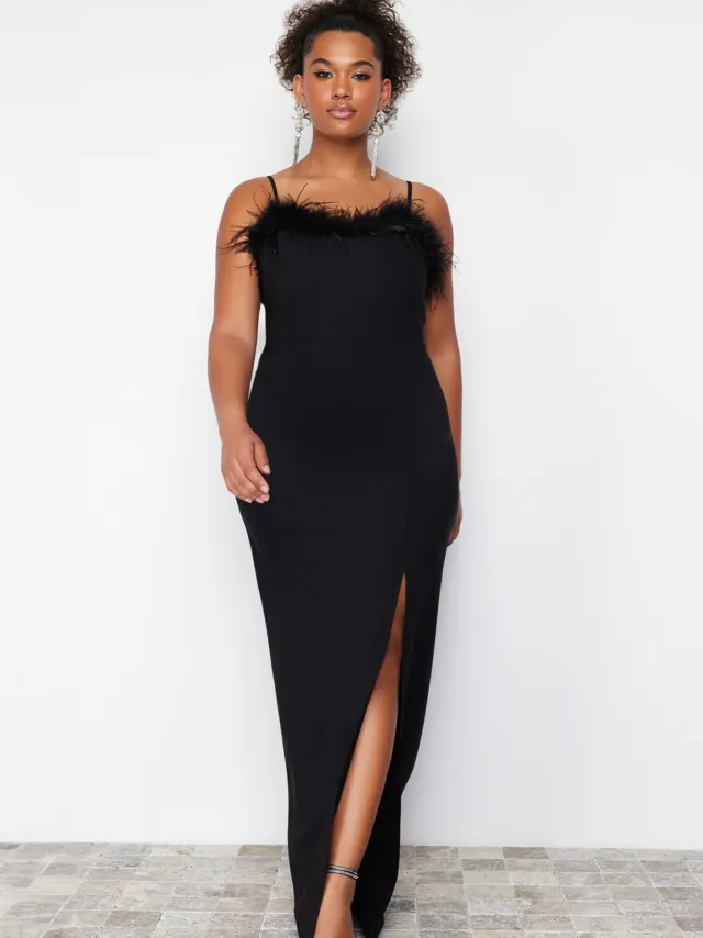 Trendyol Curve Dames Zwart Effen Maxi Mouwloos Gala Recht Grote maten Jurk