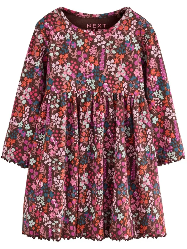 Next Meisjes - Geribbelde jurk met lange mouwen - Bruin Burgundy Red Ditsy Floral
