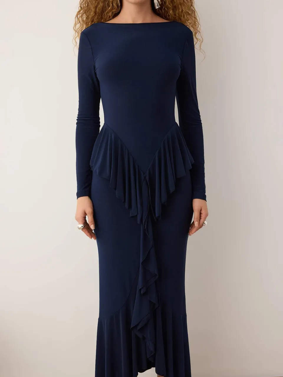 Trendyol TRENDYOLMİLLA Dames Donkerblauw Effen Maxi Lang Stijlvol/Avond Bodycon Jurken Marineblauw/Blauw