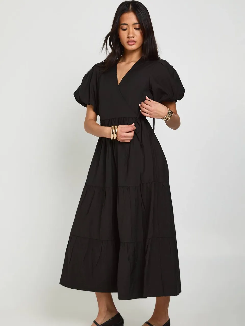 boohoo Dames Getextureerde Wikkel Midaxi Jurk Met Volumineuze Mouwen zwart, foto 3