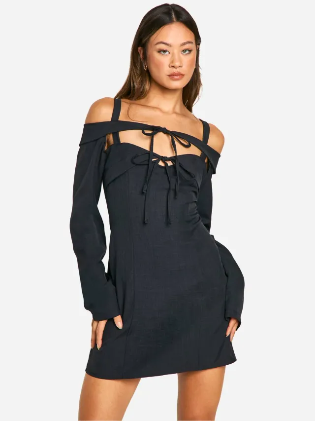 boohoo Dames Tall Bardot Cut Out Getailleerde Mini-Jurk Zwart