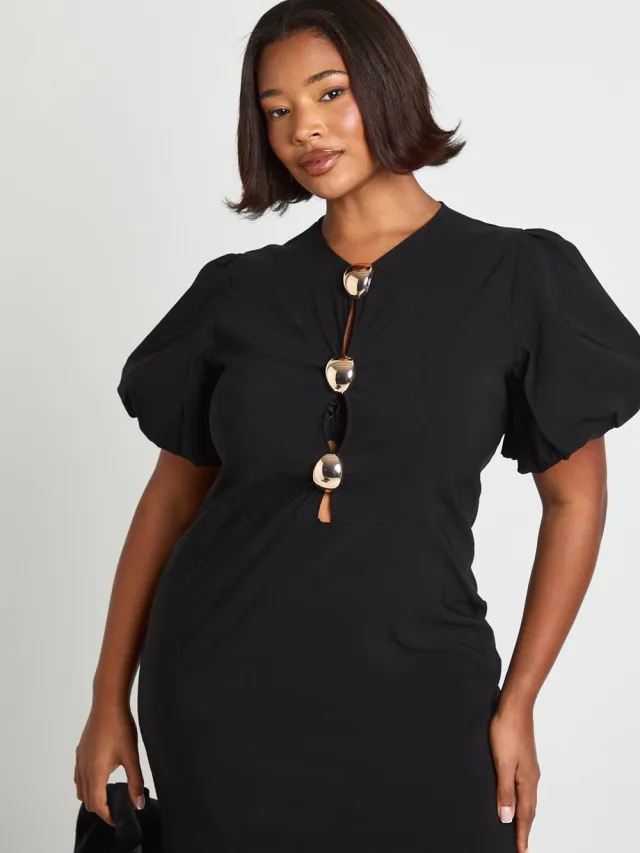 boohoo Dames Plus Gouden Afwerkingsdetail Pofmouw Shiftjurk, foto 2