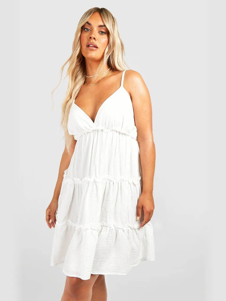 boohoo Dames Plus Cheesecloth Ruffle Strappy Zomerjurk ivoor, foto 3