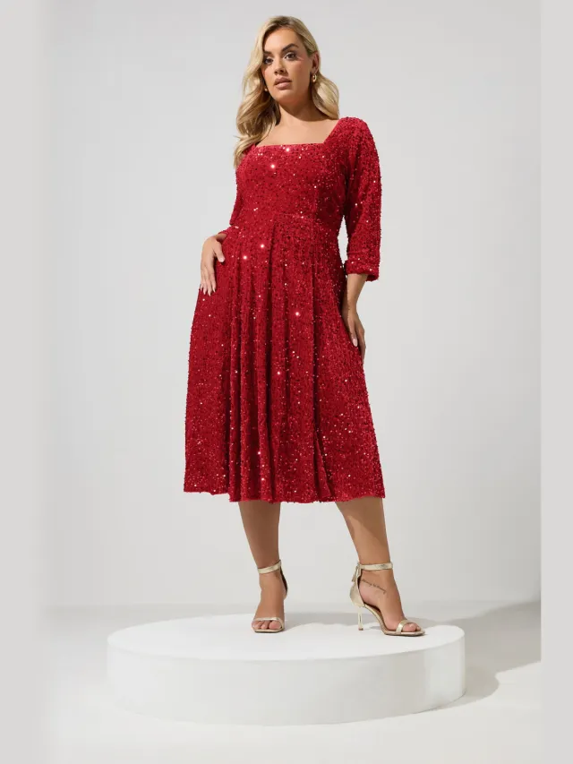 Yours London Rode Fluwelen Skaterjurk Met Pailletten Red