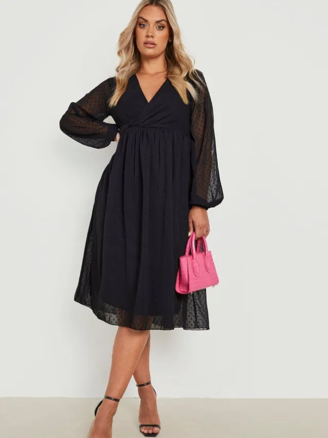boohoo Dames Plus Dobby Twist Front Midi Jurk Zwart