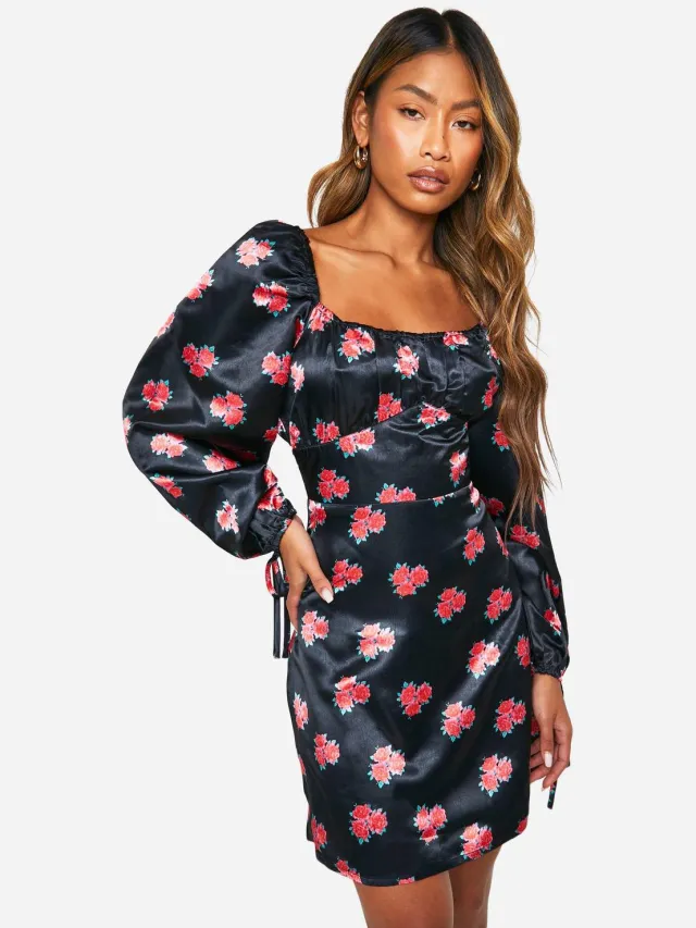 boohoo Dames Floral Puff Sleeve Mini Dress Zwart