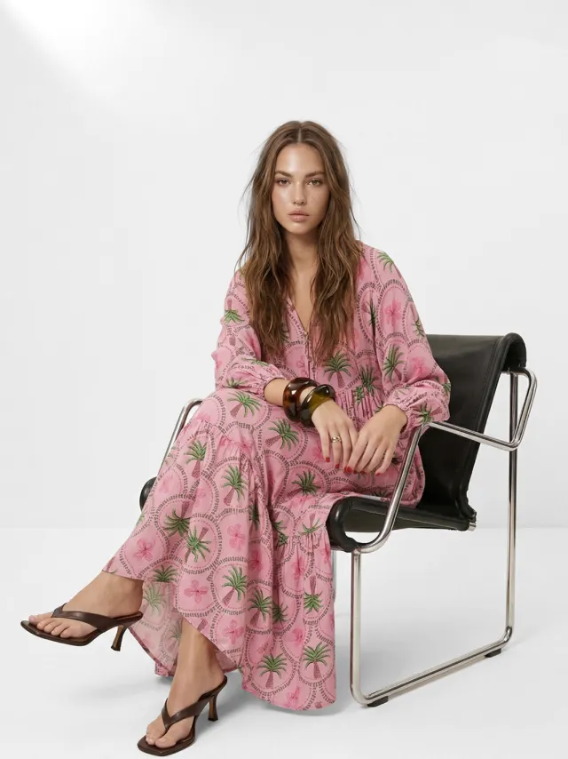 Turkishsouq Tropische maxi lange shift jurk voor dames met hijab Roze