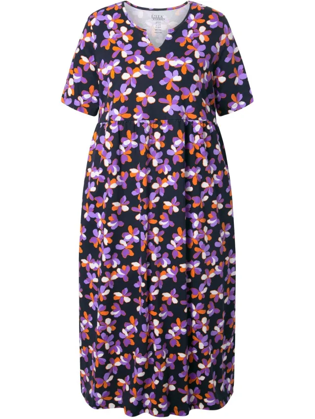 Ulla Popken Dames - Maxi-jurk A-lijn tuniekhals korte mouwen zakken - Zwart - Maat 50+