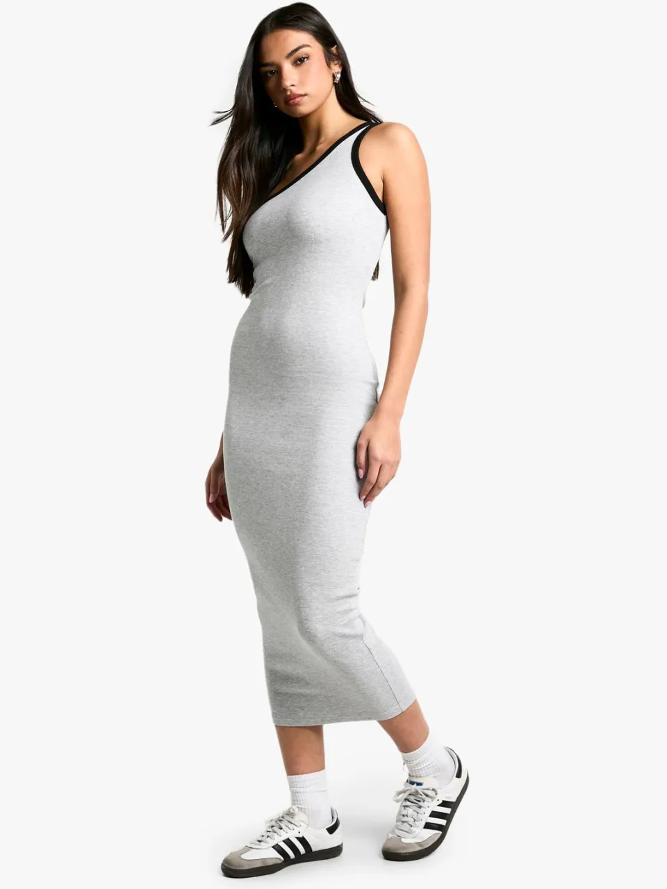 boohoo Dames Contrast Binding One Shoulder Midaxi Jurk grijze mergel, foto 3