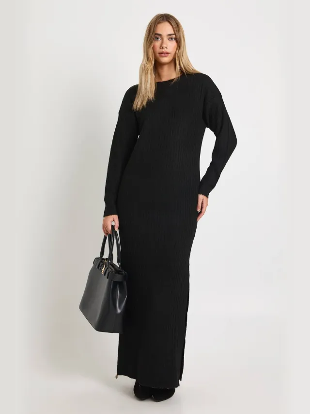 boohoo Dames Zachte Rib Maxi Gebreide Jurk Zwart