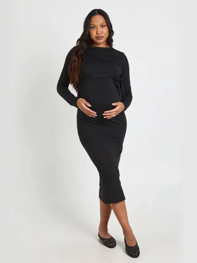 boohoo Dames Zwangerschaps Midi-jurk Met Strikceintuur Zwart