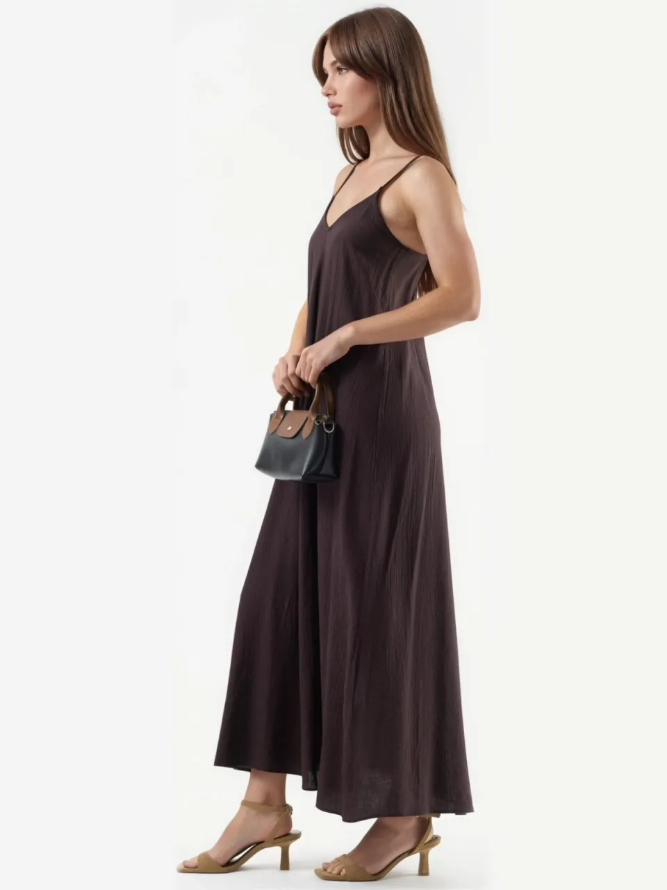 Busem V-hals Midi Slip Jurk bruin, foto 2