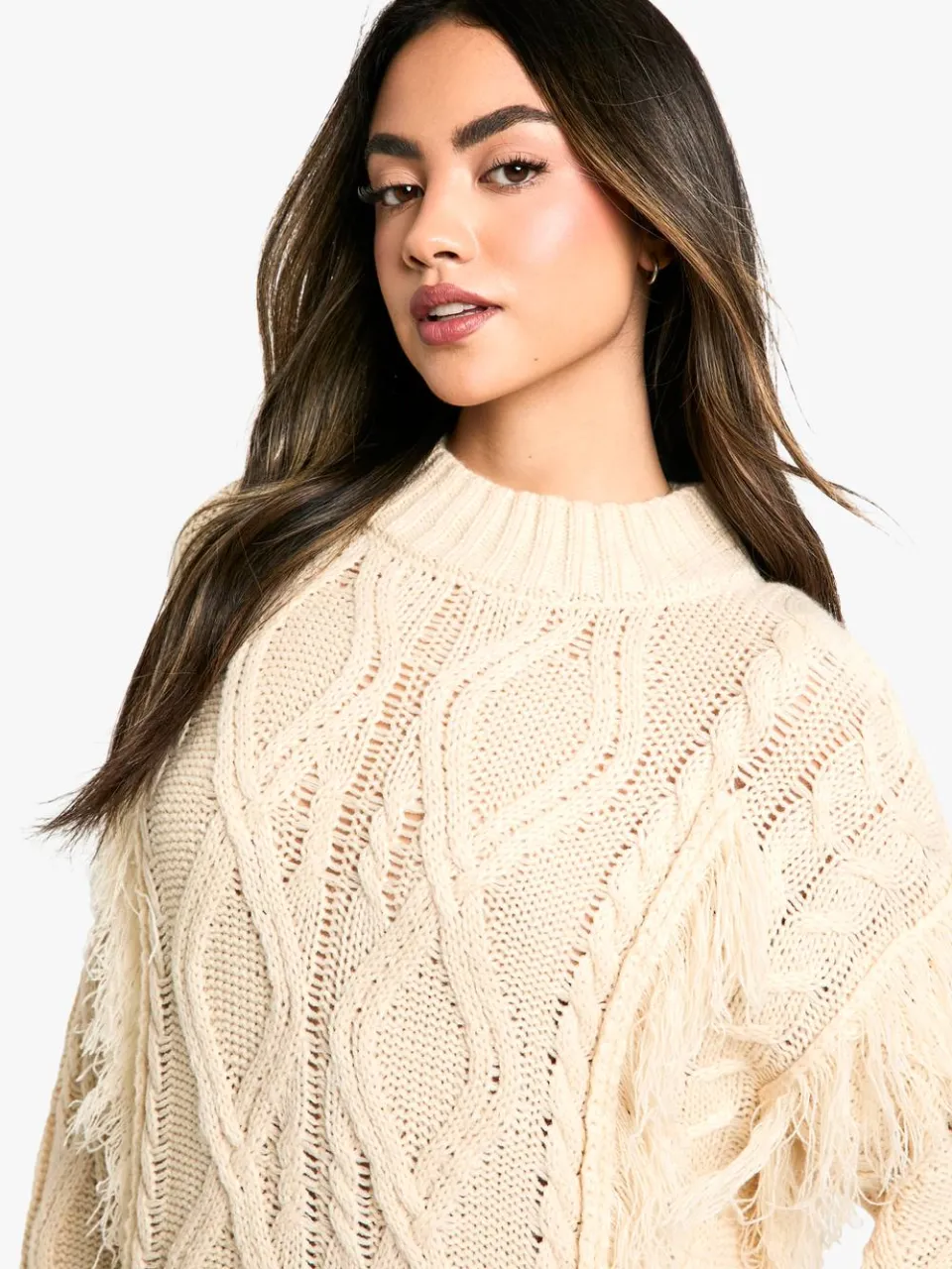 boohoo Dames Tassel Gebreide Kabel Mini Jumper Jurk steen, foto 3