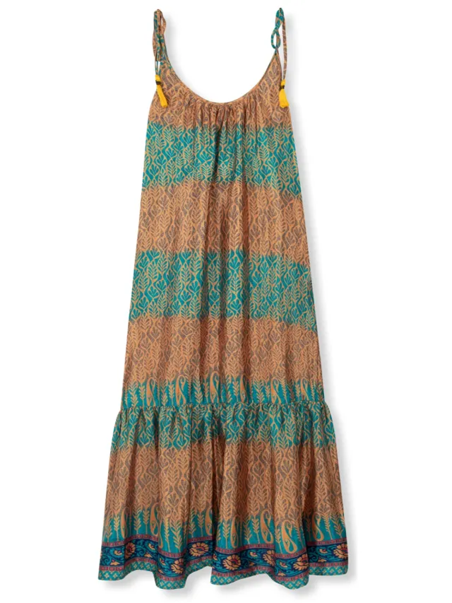 el.résidu dames vegan Midi Jurk Myra Petrolblauw Bruin Lichtbruin