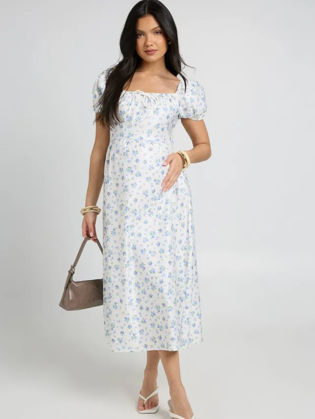 boohoo Dames Zwangerschaps Bloemen Milkmaid Midi Jurk Ivoor