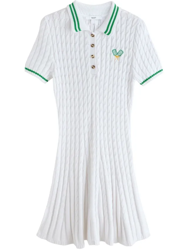 Next Dames - Kabelgebreide katoenen mini-jurk met korte mouwen - Wit White Tipped
