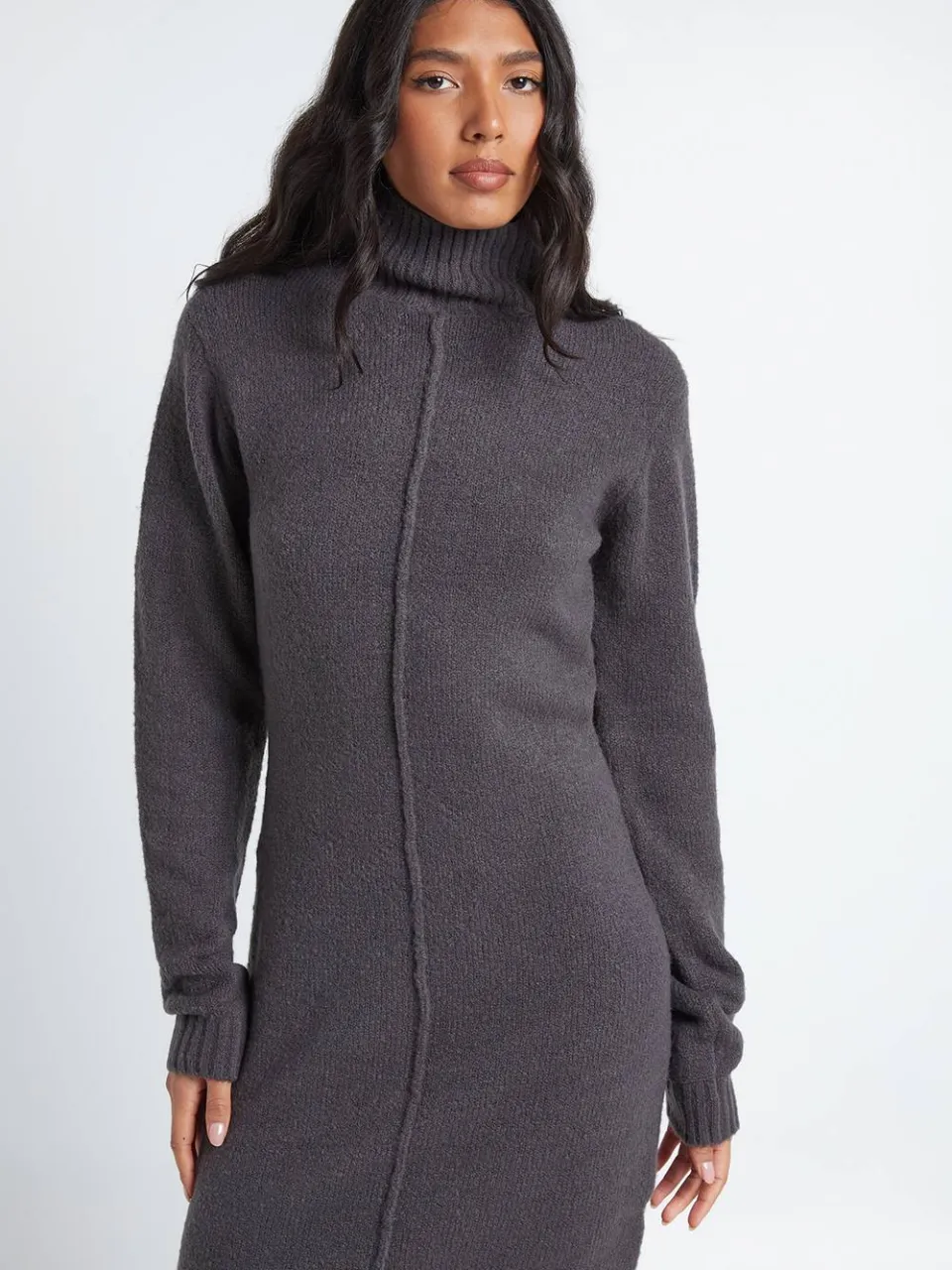 boohoo Dames Lange Trui-jurk Met Hoge Kraag En Naaddetail houtskool, foto 2