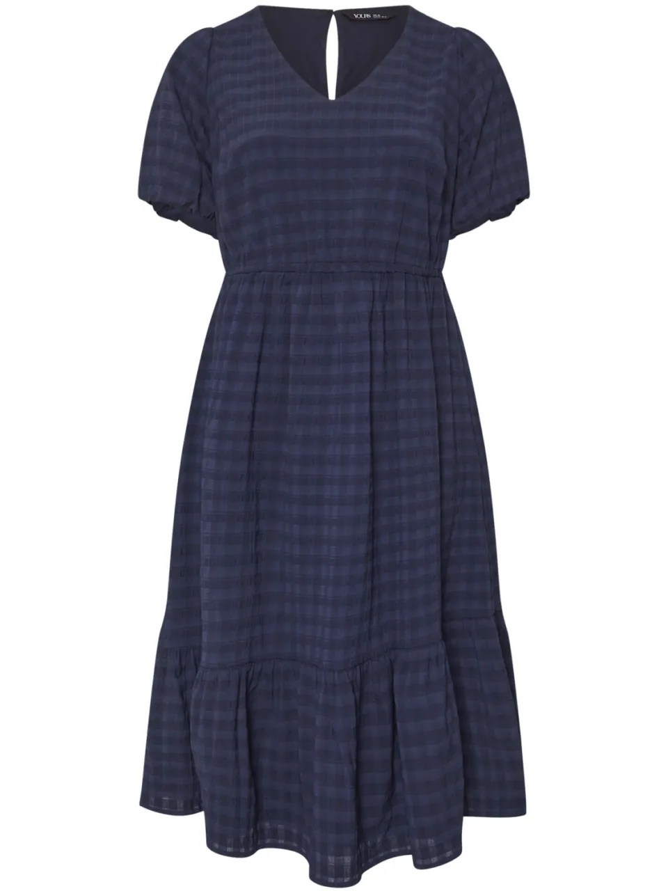 Yours Geruite Midi Jurk Met Textuur En Korte Mouwen In Donkerblauw blauw, foto 3