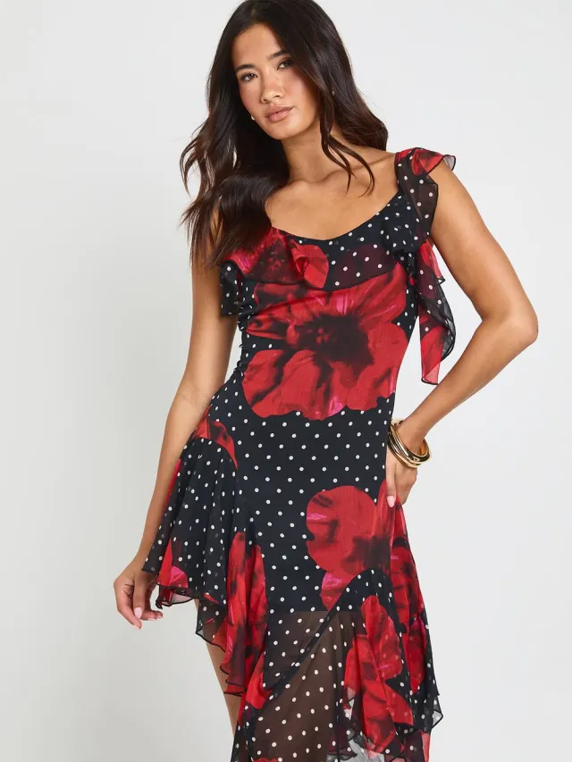 boohoo Dames Chiffon Midi-jurk Met Bloemenprint, Ruches En Asymmetrische Snit Zwart