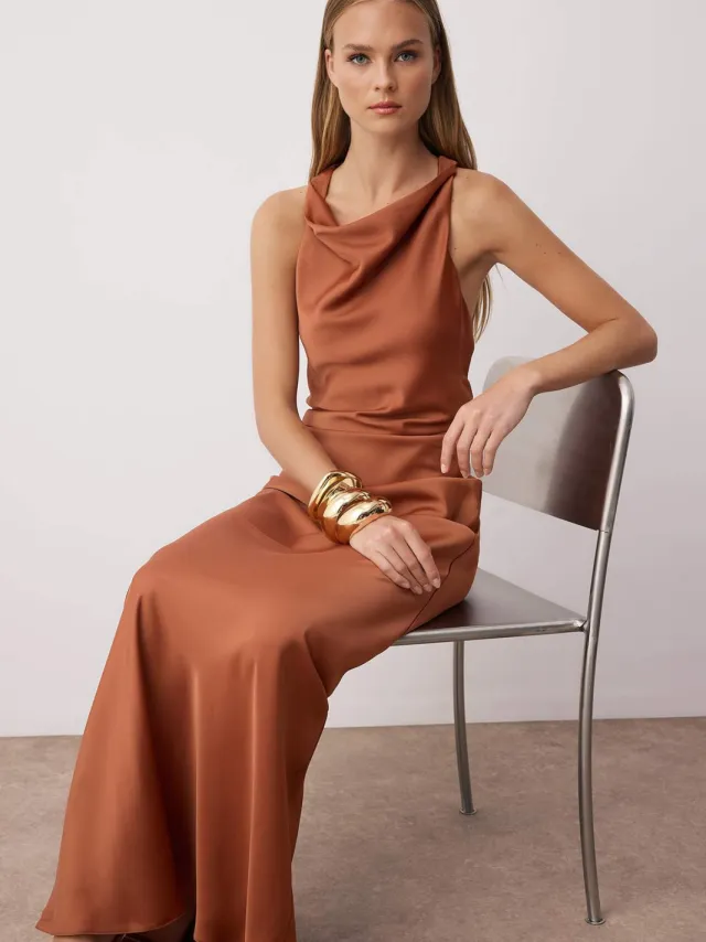 Trendyol TRENDYOLMİLLA Dames Bruin Effen Maxi Mouwloos Diploma-uitreiking / Gala A-lijn Avond & Gala Jurk