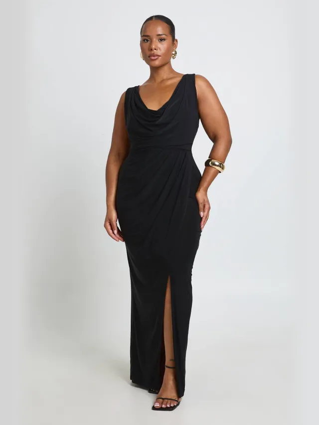 boohoo Dames Plus Slinky Gerimpelde Wikkel Maxi Jurk Zwart