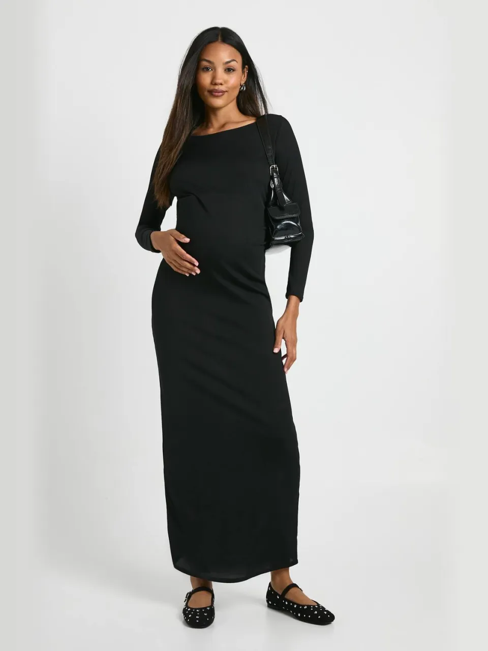 boohoo Dames Zwangerschaps maxi-jurk met geribbeld scoop-hals Zwart