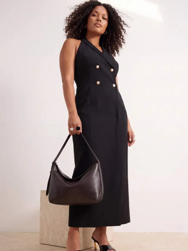 Trendyol Curve Dames Zwart Effen Maxi Mouwloos Blazer Jurk Grote maten Jurk