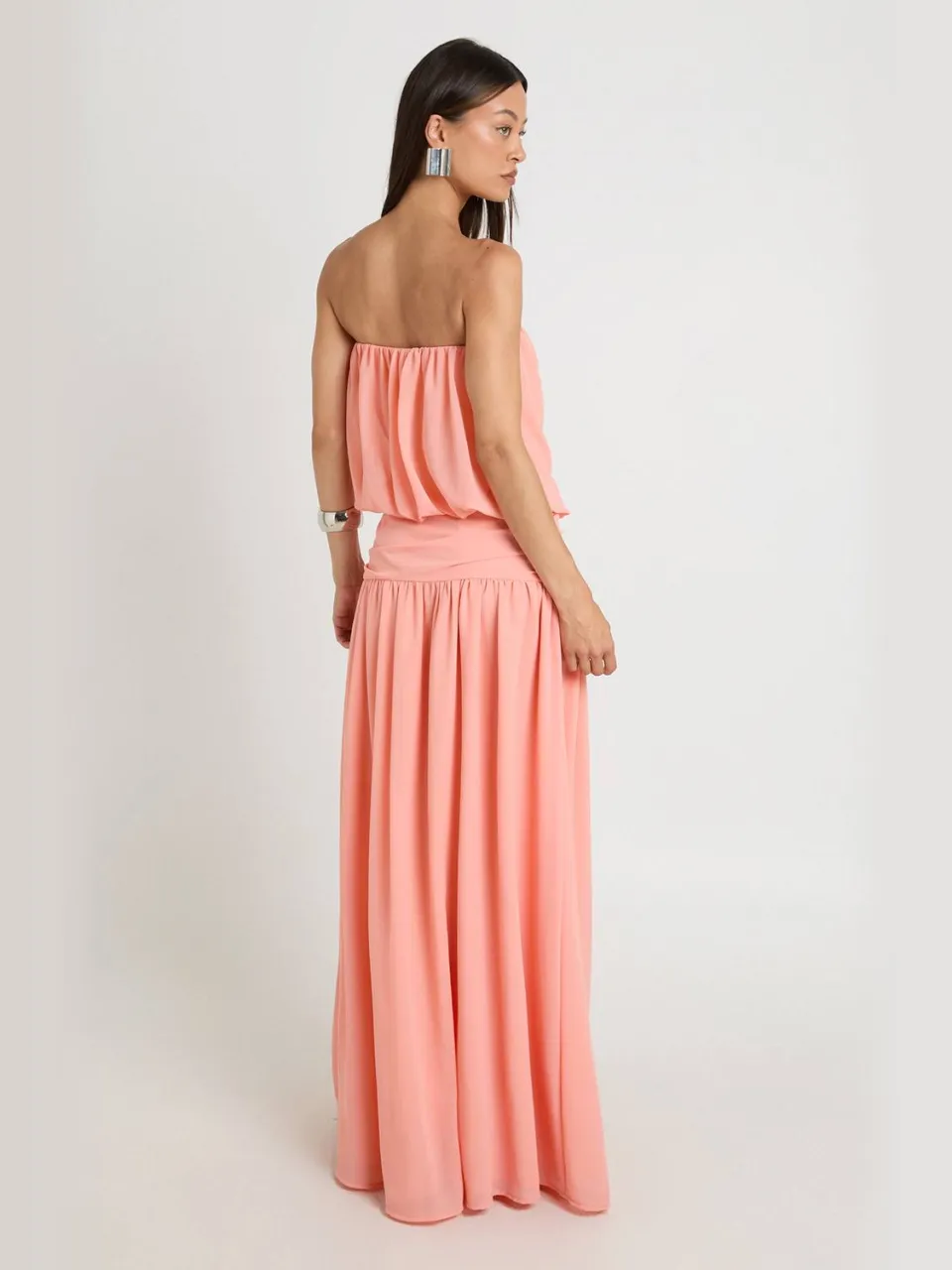 boohoo Dames Lange Chiffon Bandeau Blouson Geplooide Lage Taille Maxi Jurk perzik, foto 2