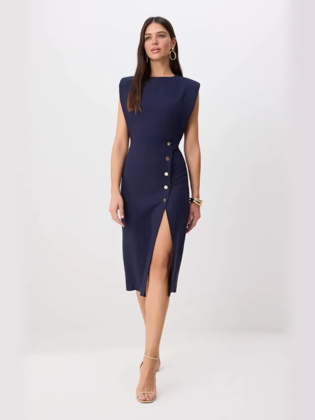 Trendyol TRENDYOLMİLLA Dames Donkerblauw Effen Midi Mouwloos Bodycon Jurken Marineblauw/Blauw