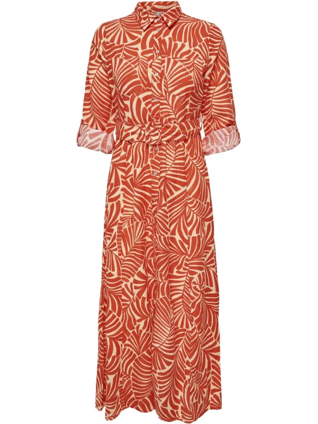 Only ONLCALLIE LINEN L/S MIDI DRESS PTM Dames Jurk Pureed Pumpkin;Mexicana Palm