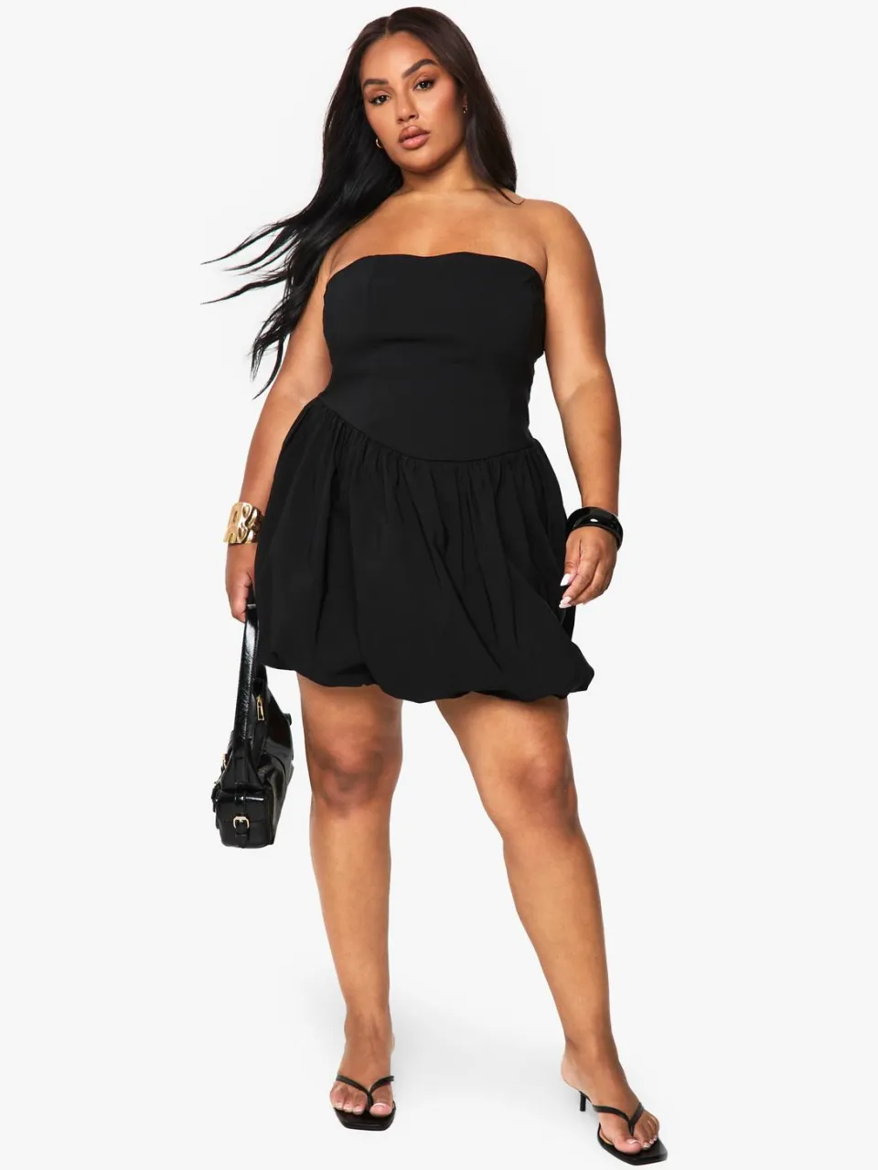 boohoo Dames Plus bandeau puffball minijurk zwart, foto 3
