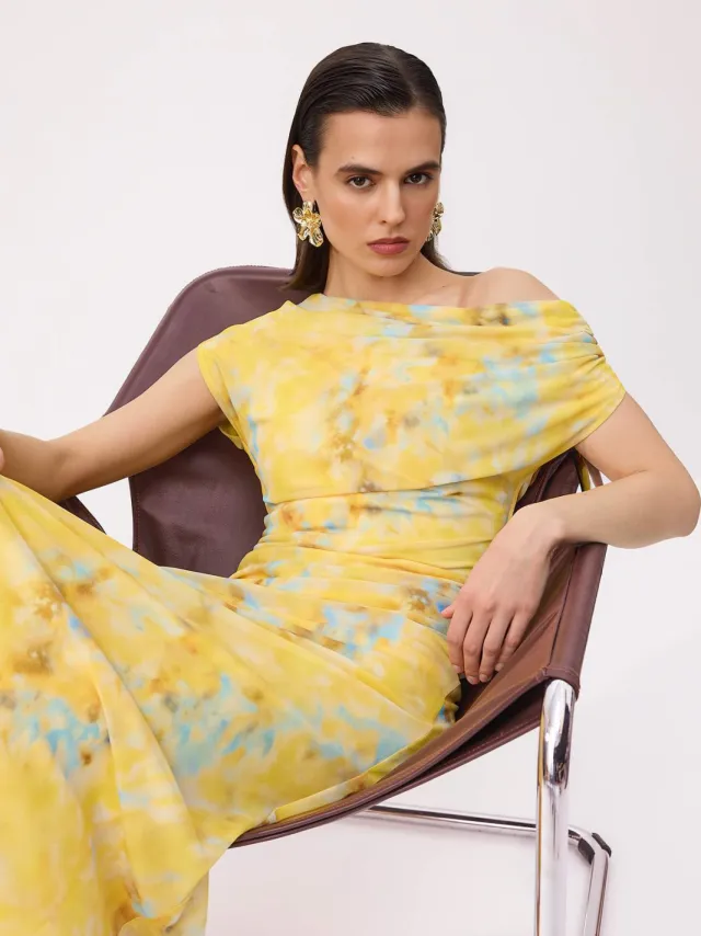 Trendyol TRENDYOLMİLLA Dames Geel Bloemen Maxi Mouwloos Stijlvol/Avond Bodycon Jurken