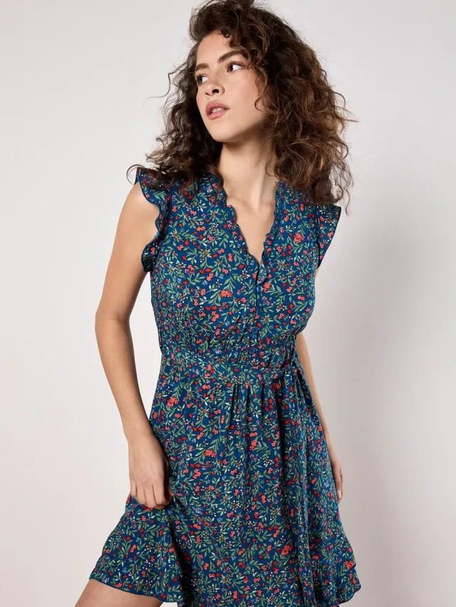 Apricot Mini-jurk met bloemenprint en ruches Blauw