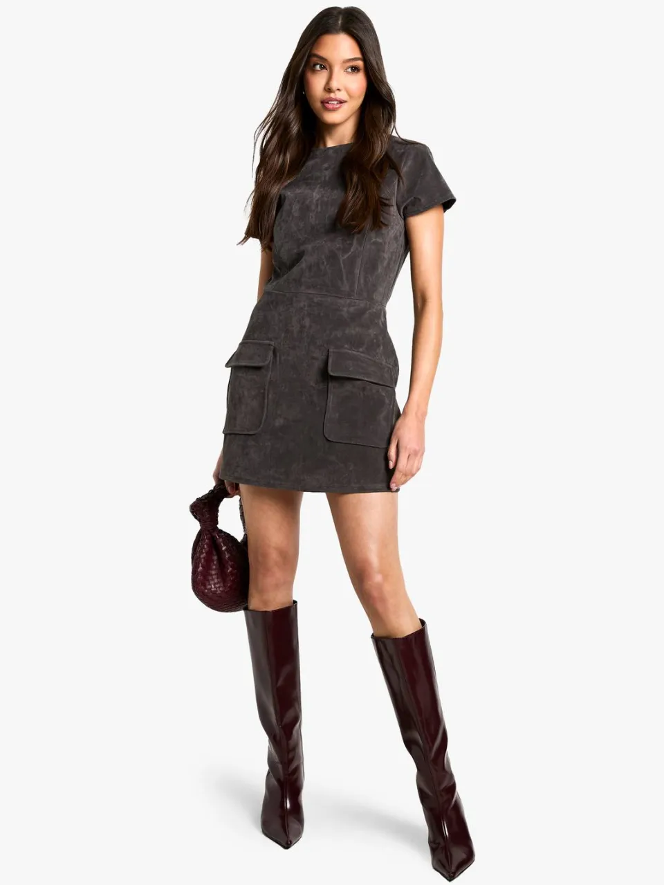 boohoo Dames Mini jurk in suede met capmouwen houtskool, foto 3