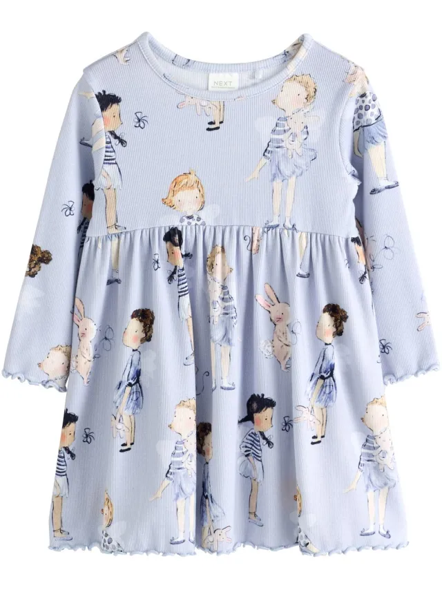 Next Meisjes - Geribbelde jurk met lange mouwen - Blauw Pale Blue Fairy Bunny