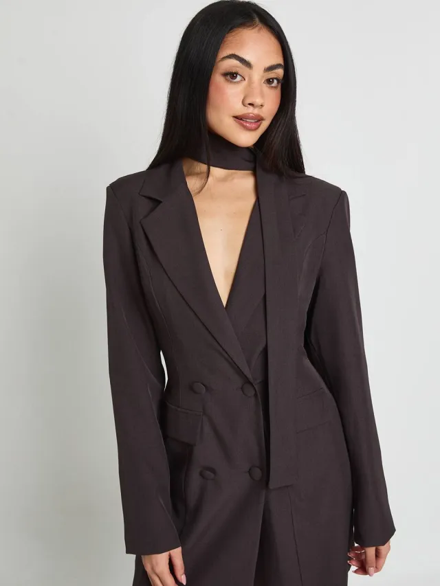 boohoo Dames Blazerjurk Met Sjaaltjesdetail Espresso