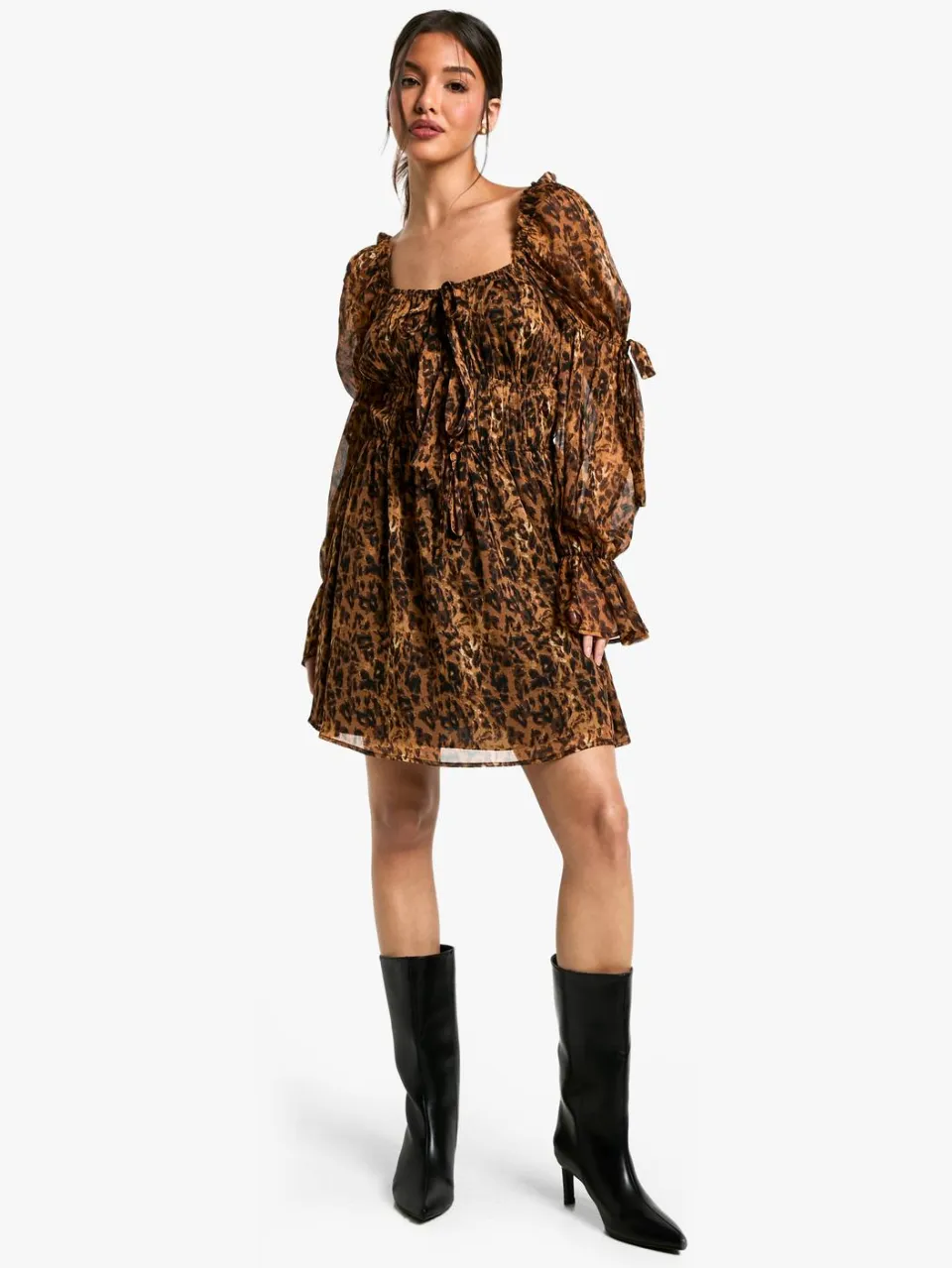 boohoo Dames Luipaard Chiffon Melkdame Mini Jurk multicolor, foto 3