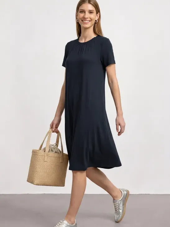 Street One Knielange jersey jurk met ronde hals Blauw