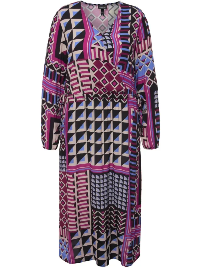 Ulla Popken Dames - Midi-jurk patchprint wikkel-look V-hals lange mouw - Pruim - Maat 46+