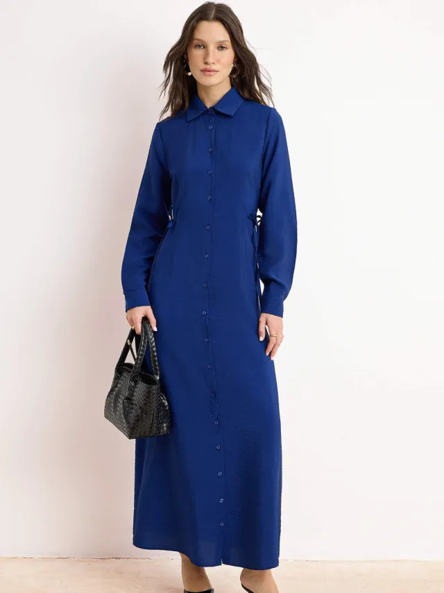 Turkishsouq Marineblauwe platte maxi-jurk voor dames, lange casual/dagelijkse A-lijn jurk met hijab Marineblauw/Blauw
