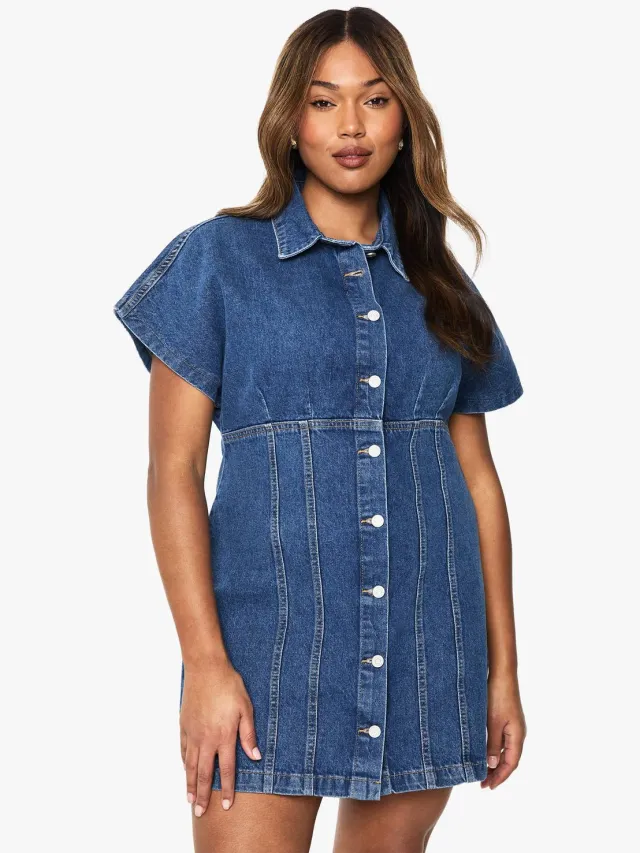 boohoo Dames Plus Button Down Denim Mini-jurk Medium Blauw